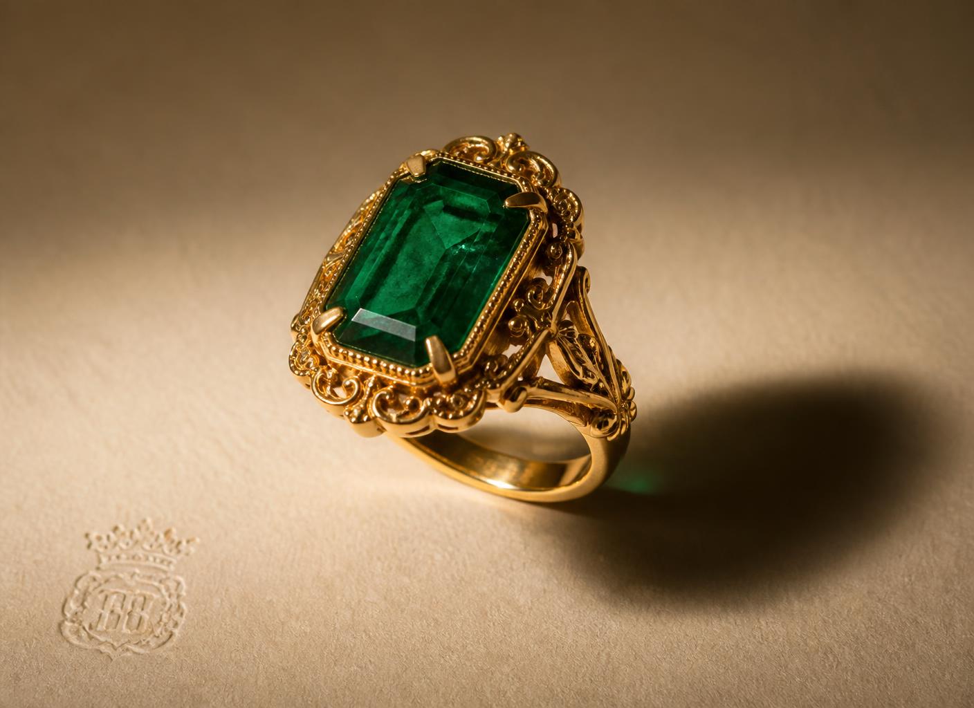 The Verte emerald signature ring photographed on ivory paper